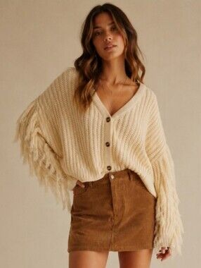 NWT Hayden Los Angeles M/L Cream Fringe Sleeve Chunky Knit Cardigan Boho Sweater